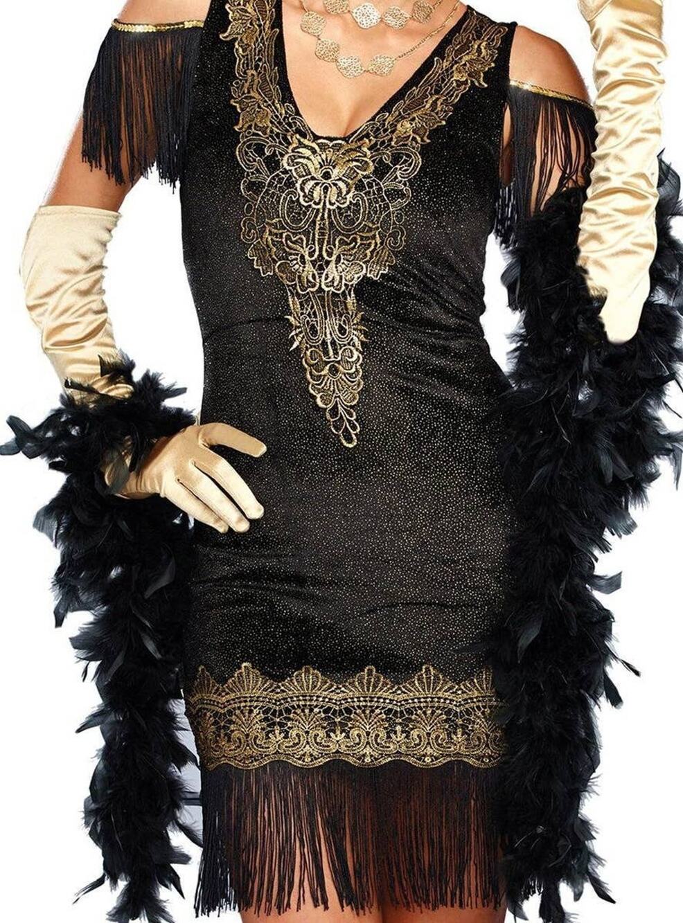 Spirit Halloween Flapper Dress Womens M Black Gold Fringe 1920s Gatsby Costume